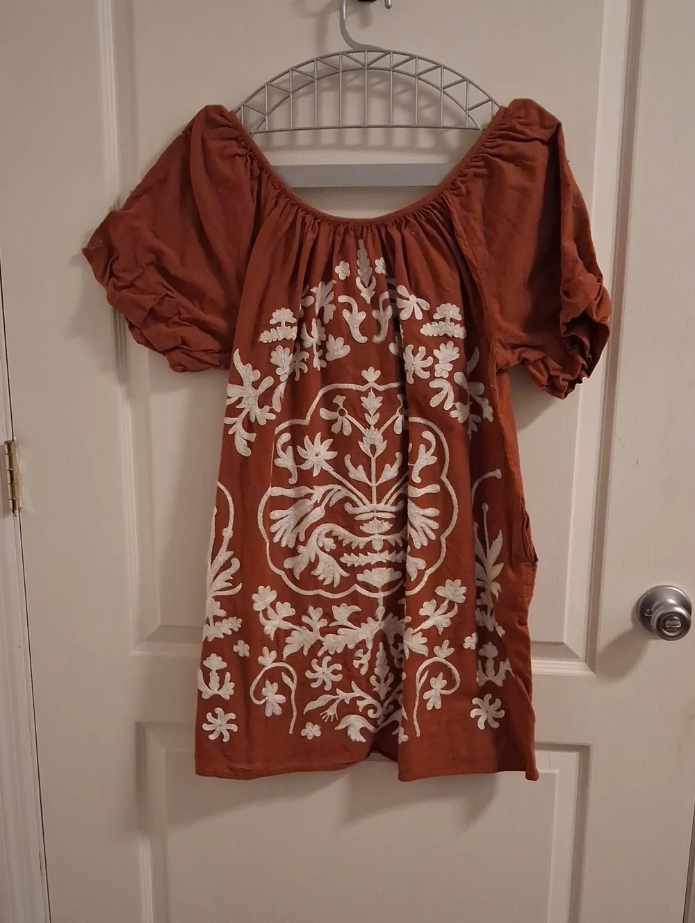 Free People Rust Tunic with White Floral Embroidery
